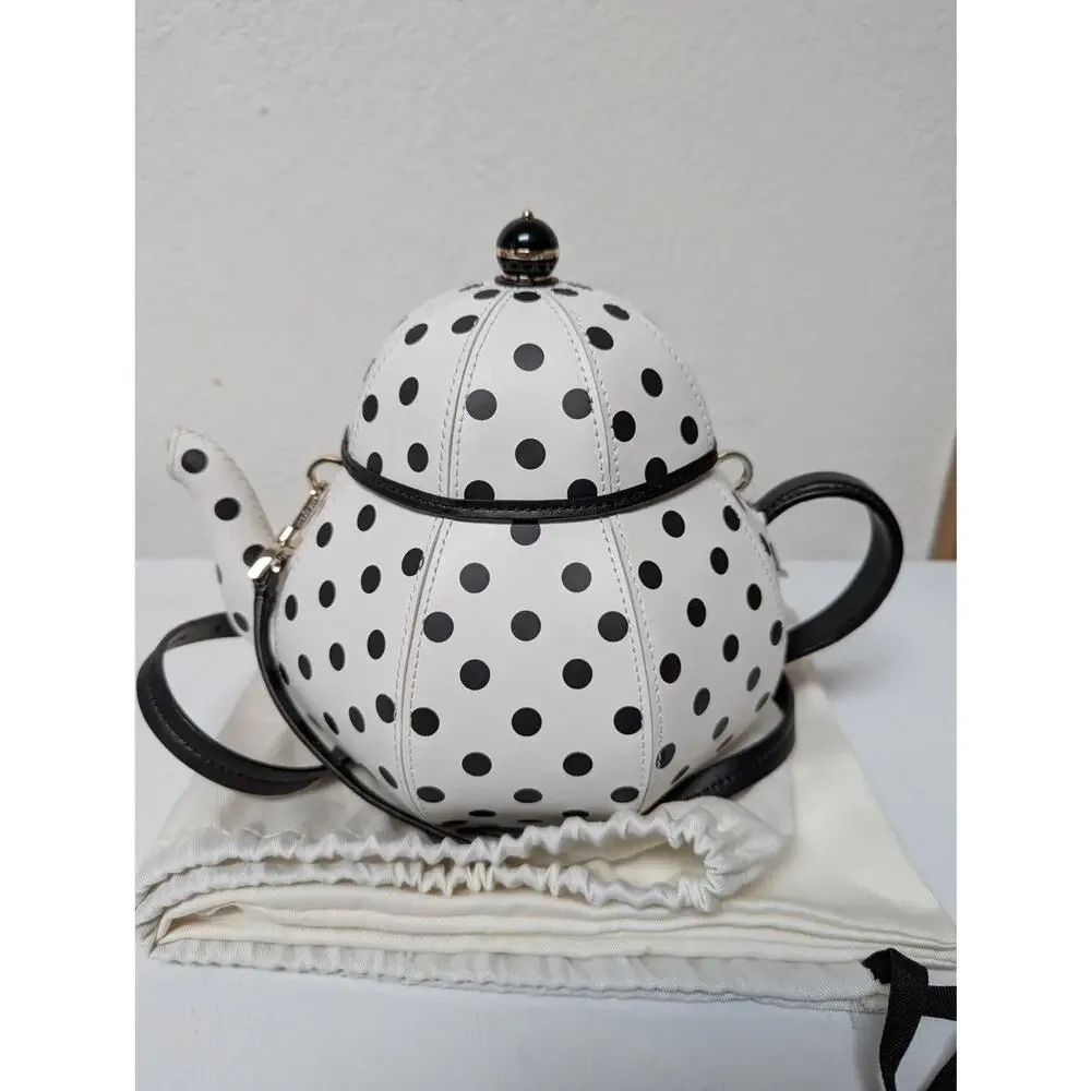 Kate Spade Alice in Wonderland Teapot Party White Polka Dot Crossbody Bag NWOT